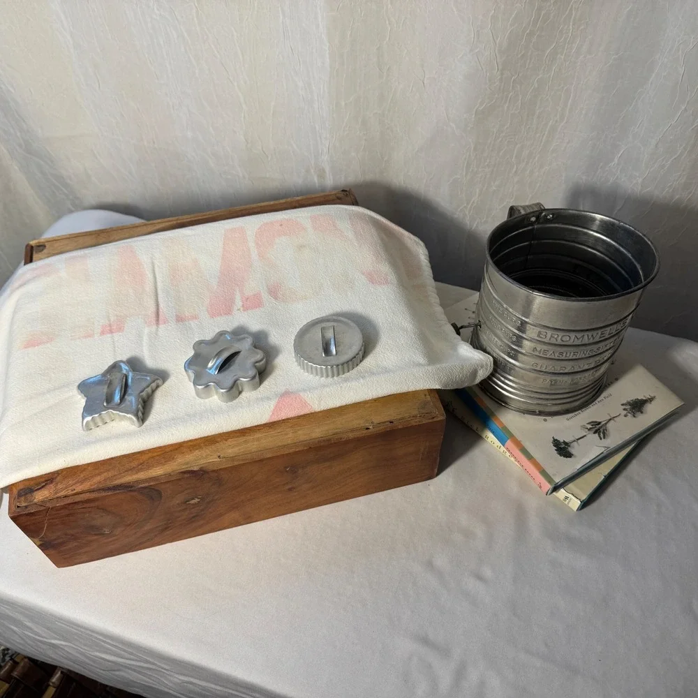 Bromwell Vintage Baking Set Sifter Cookie Cutters Flour Sack Silver Farmhouse